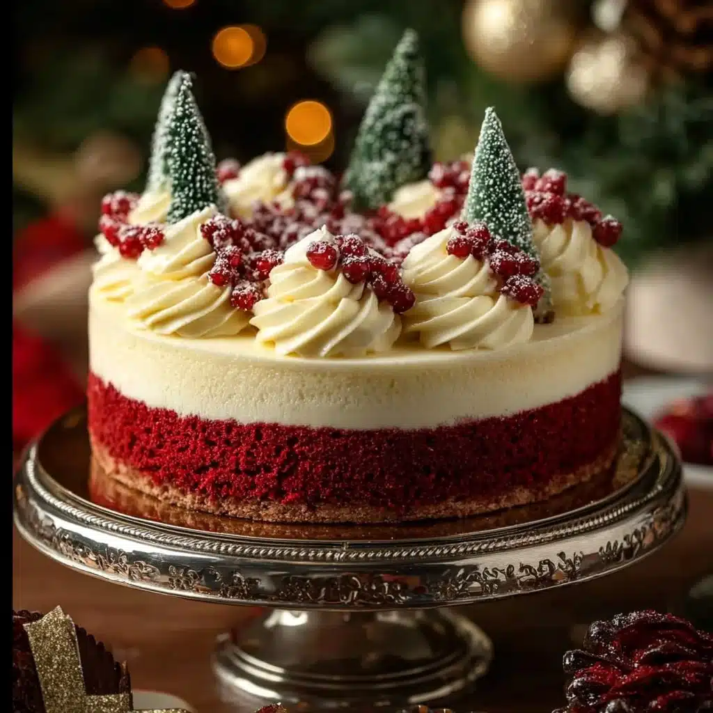 Slice of Christmas Red Velvet Cheesecake topped with cream cheese frosting