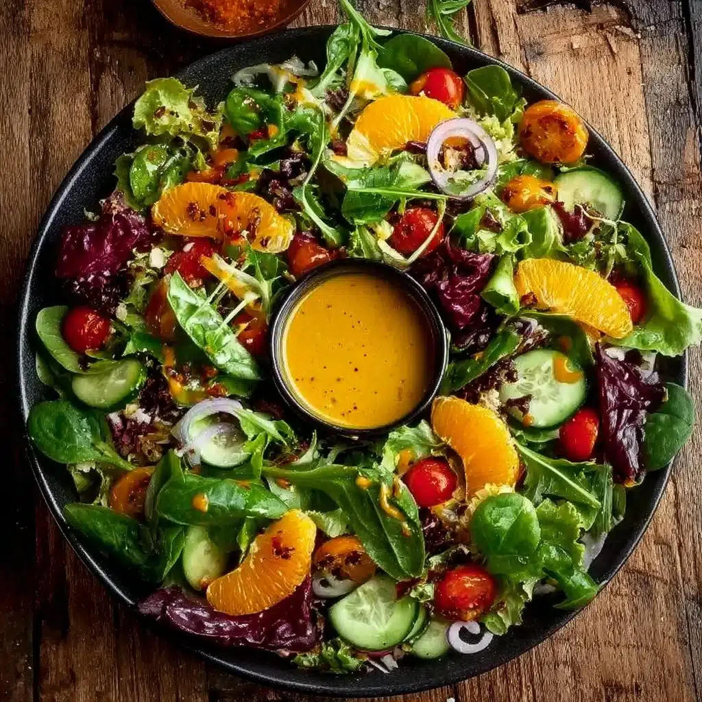 Festive Christmas Salad topped with Honey Mustard Dressing and seasonal ingredients.