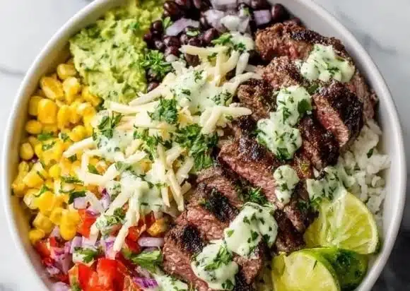 Cilantro lime steak bowls with fresh ingredients and vibrant colors