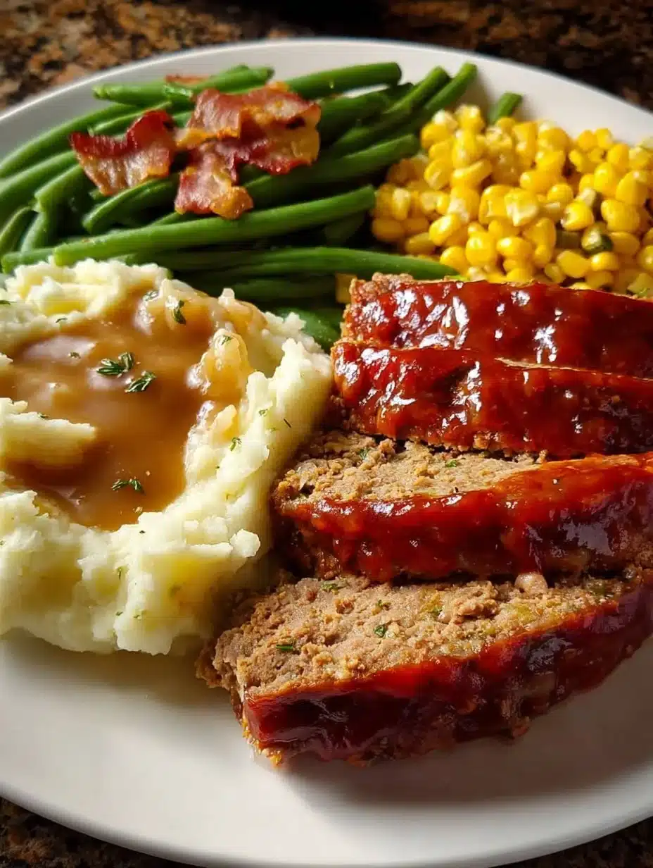 Classic meatloaf dinner with mashed potatoes, green beans, and corn on a plate