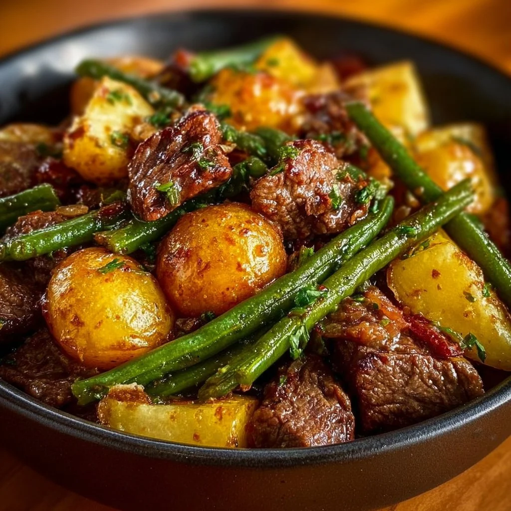 Delicious Country Ranch green beans potatoes cooked with tender beef.