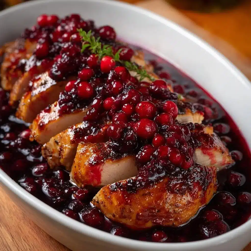 Cranberry marinade drizzled over grilled chicken breast.