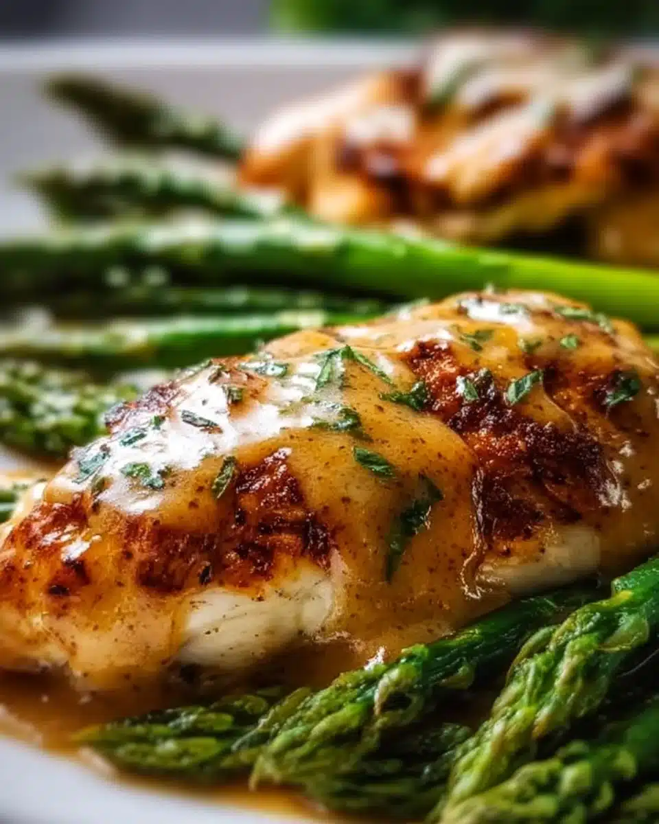 Creamy baked chicken served with asparagus on a plate