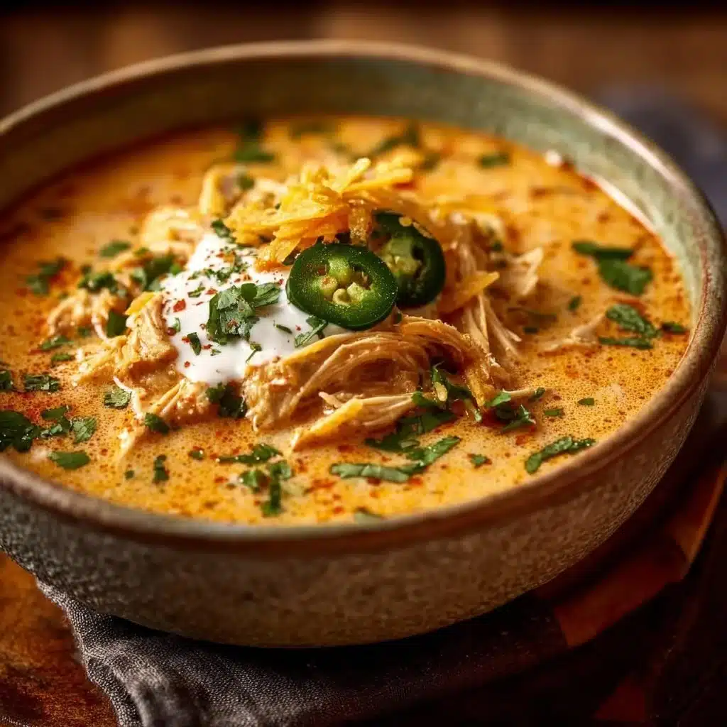 Bowl of creamy chicken enchilada soup topped with cheese and cilantro