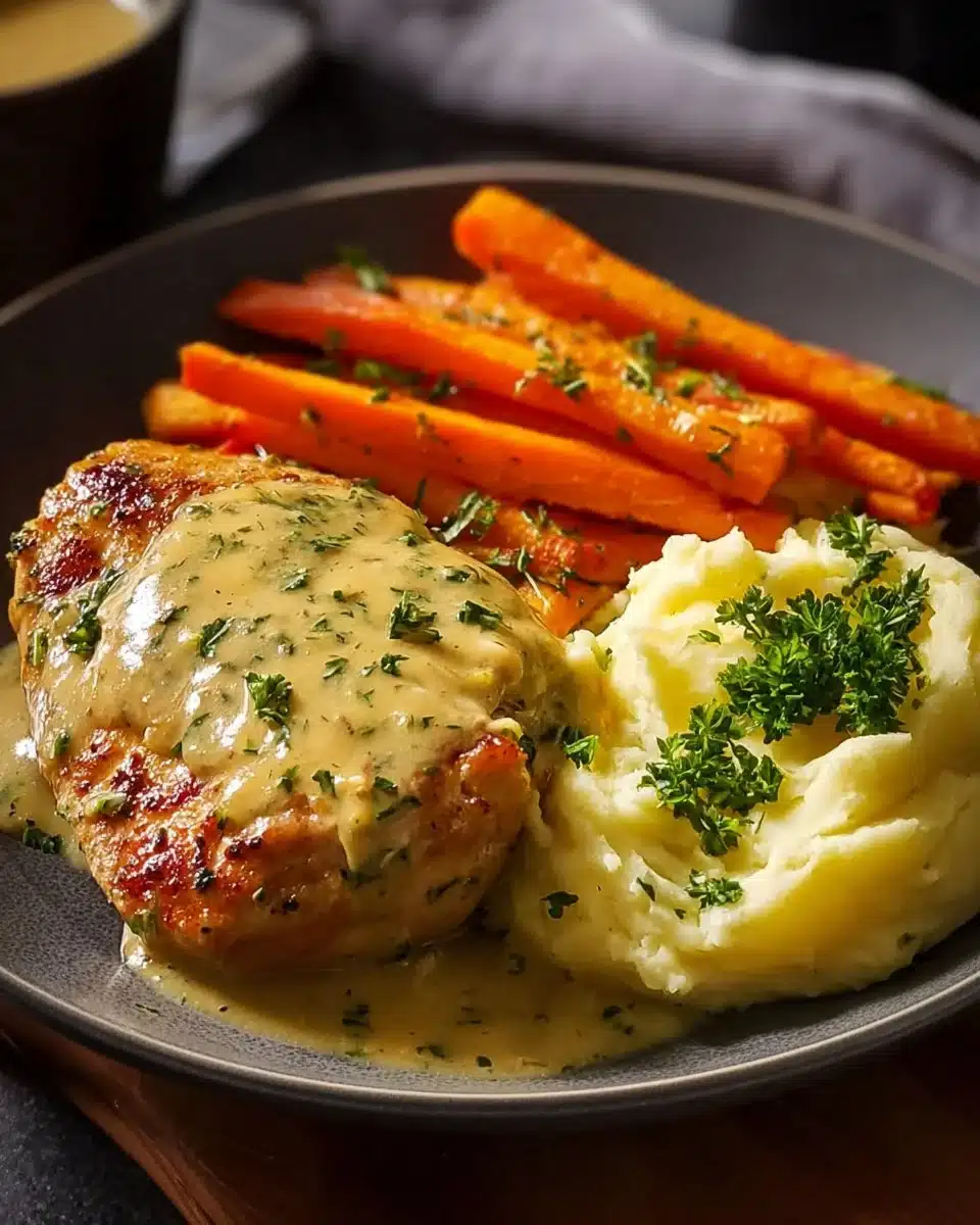 Creamy herb chicken with mashed potatoes and glazed carrots on a plate