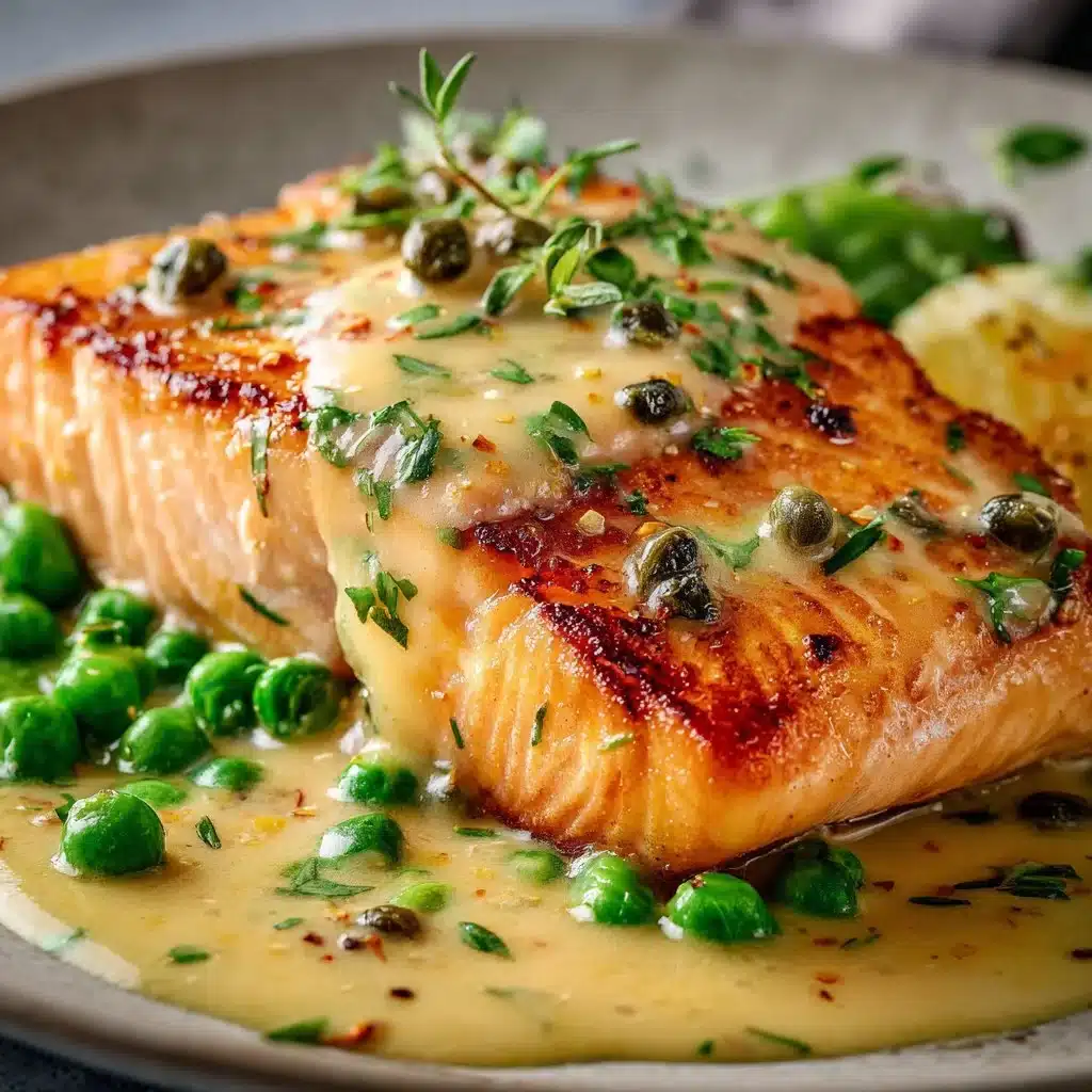 Plate of creamy lemon salmon piccata garnished with herbs and lemon slices