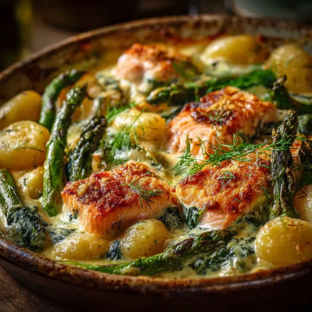 Creamy salmon gnocchi bake topped with herbs in a casserole dish