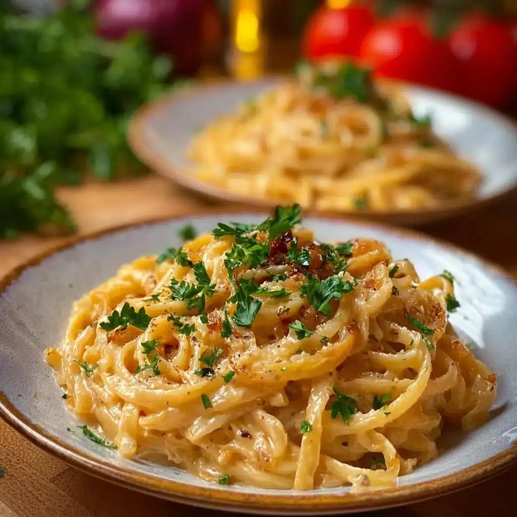 Creamy vegan caramelized onion pasta served in a bowl with fresh herbs
