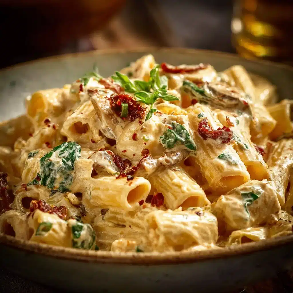 Creamy vegan pasta served with fresh herbs and vegetables