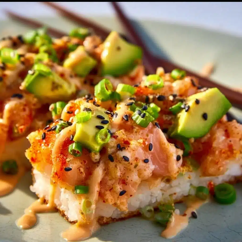 Crispy Rice Salmon Appetizer elegantly plated with garnishes