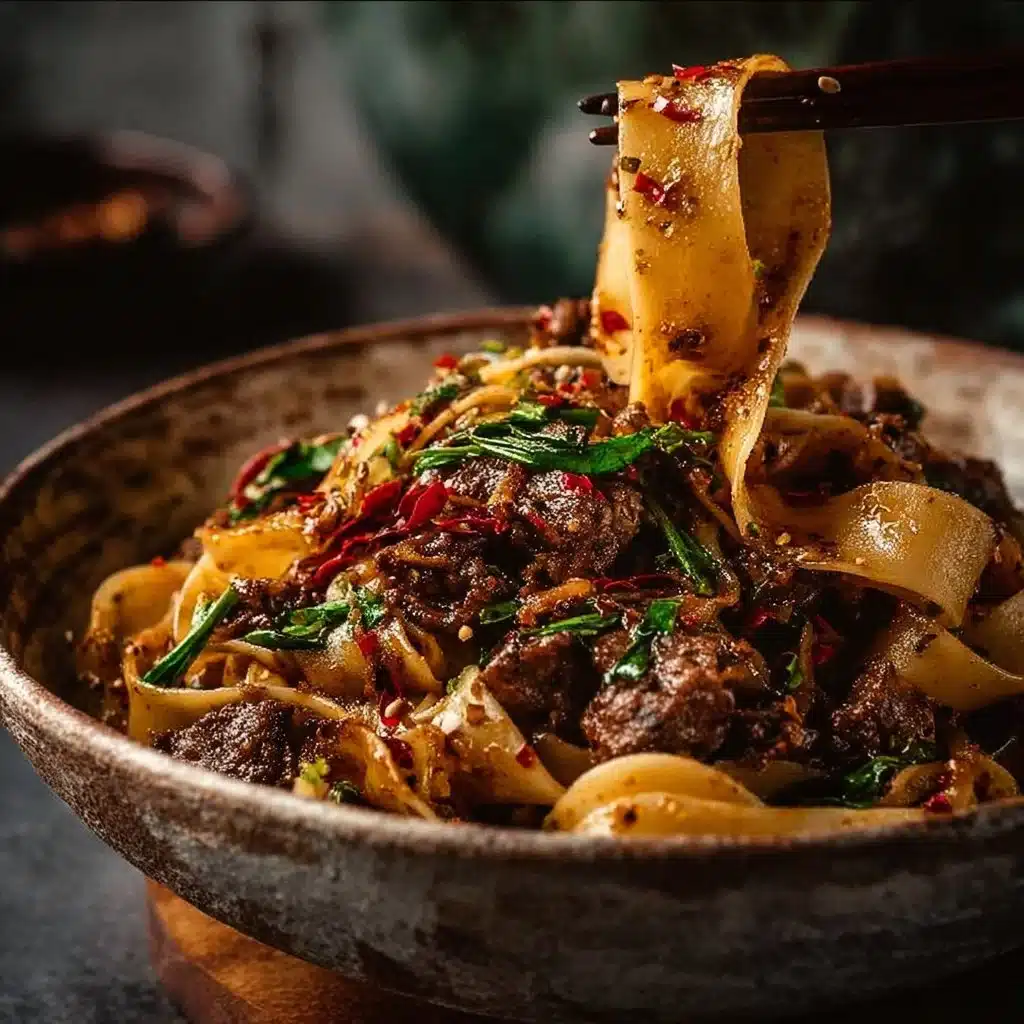 Plate of Cumin Lamb Noodles garnished with herbs and spices
