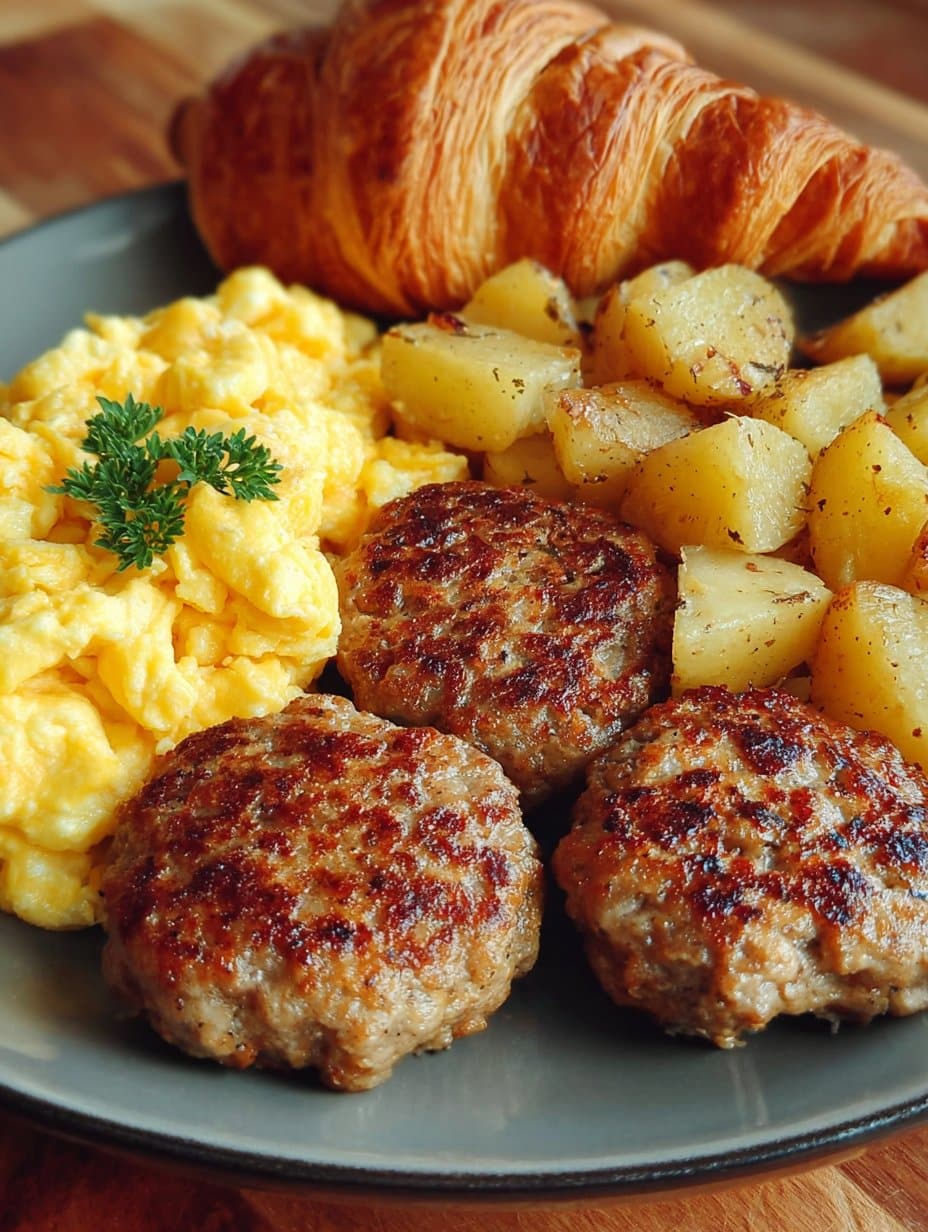 Homemade Sausage Patties with Scrambled Eggs, Breakfast Potatoes, and Croissant