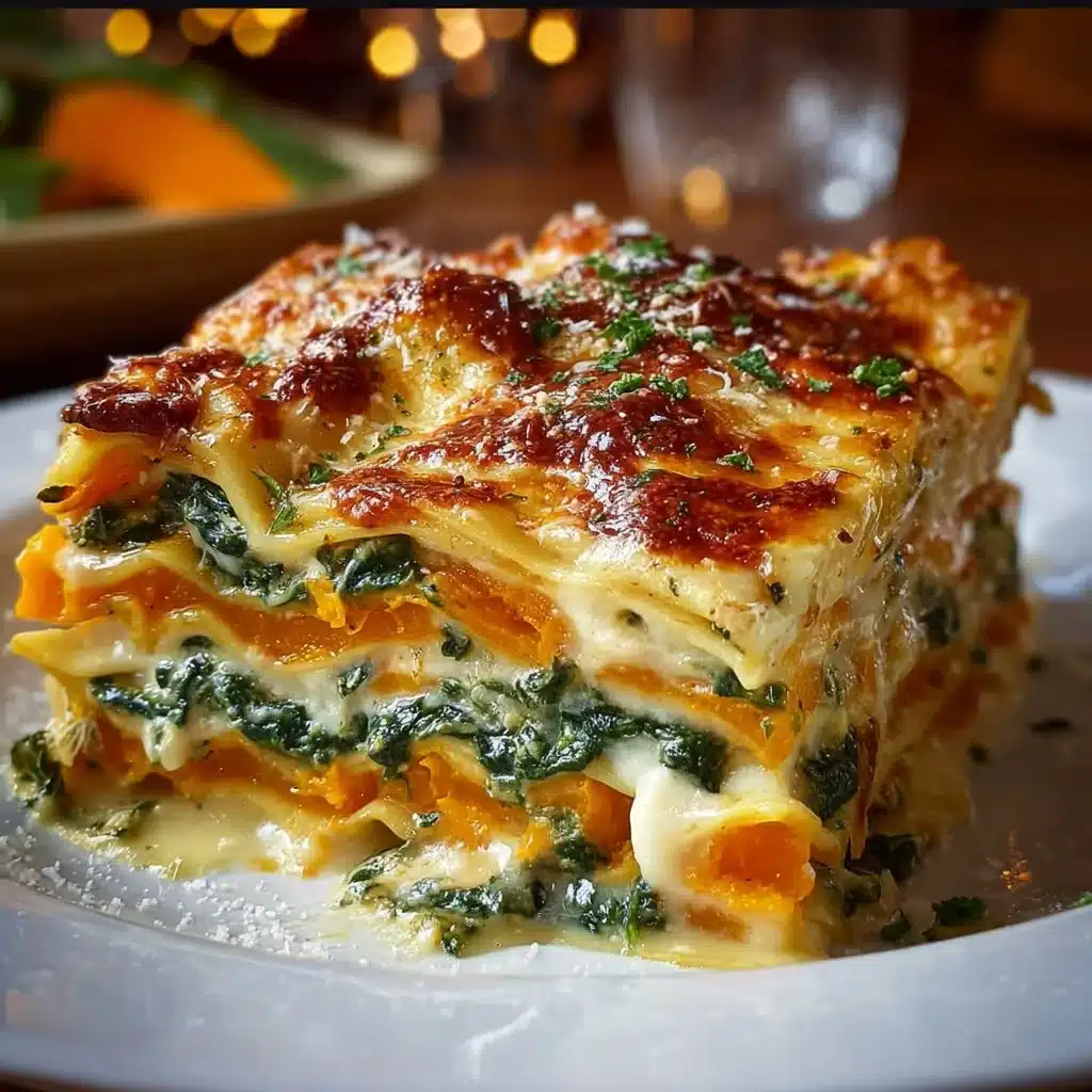 Butternut squash spinach lasagna layered with cheese and herbs