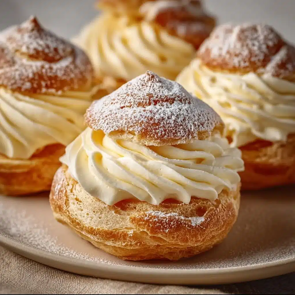 Delicious eggnog cream puffs topped with festive sprinkles and cream filling