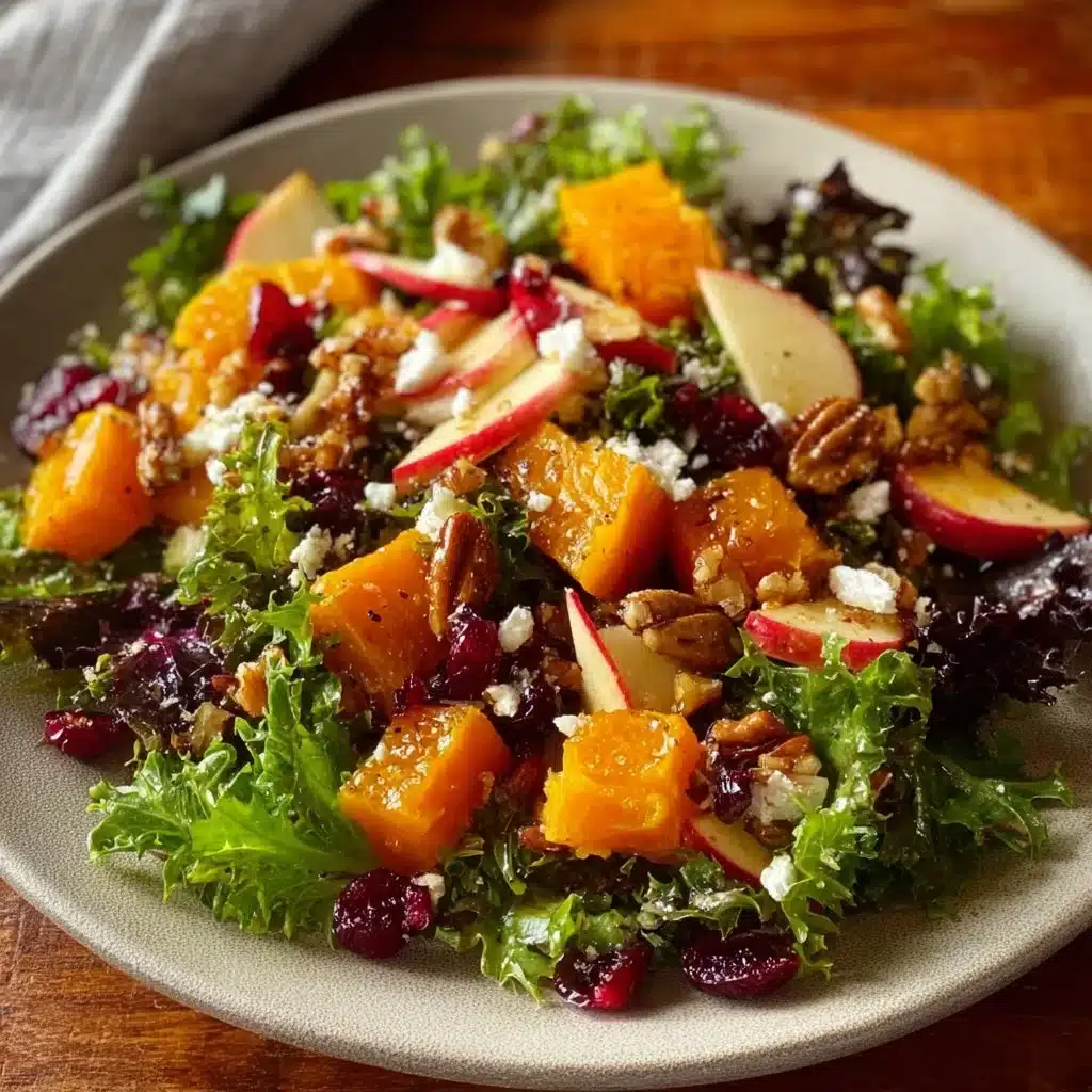 Fall Harvest Salad with roasted butternut squash and fresh apples atop greens
