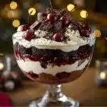 Festive Black Forest Trifle dessert with layers of chocolate cake and cherries