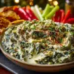 Festive creamy spinach artichoke Grinch dip in a serving dish
