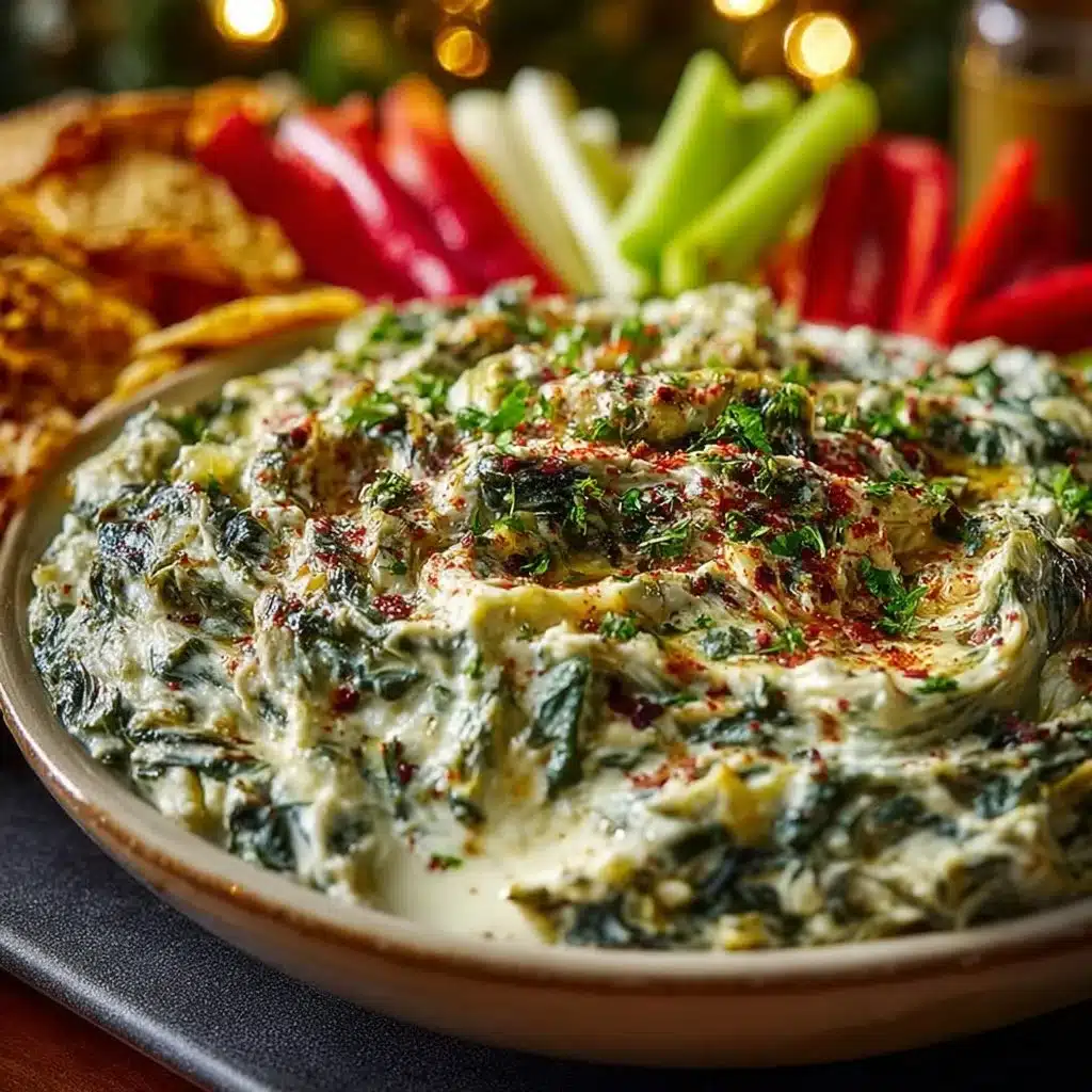 Festive creamy spinach artichoke Grinch dip in a serving dish