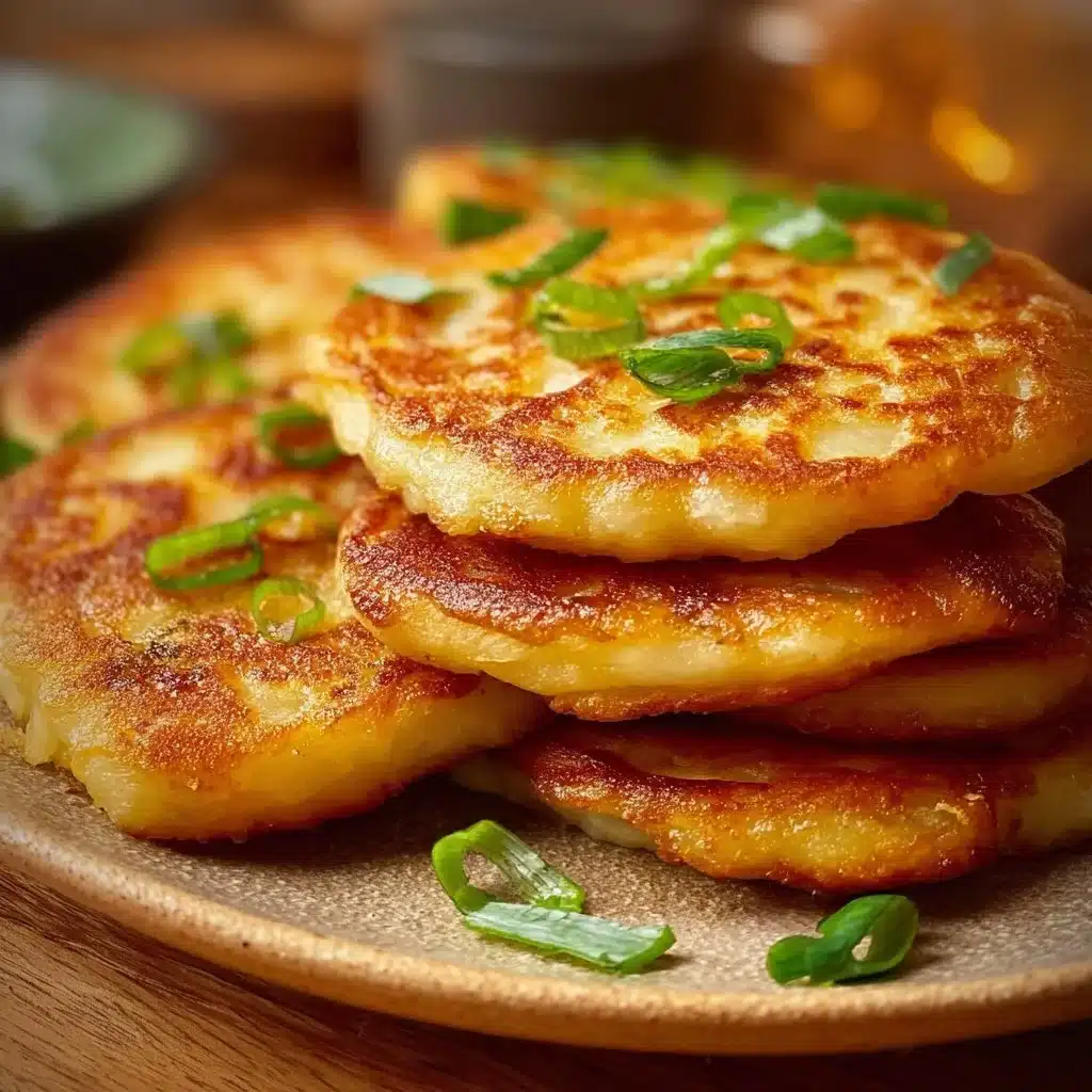 Delicious Gamjajeon pancakes served with dipping sauce on a plate.