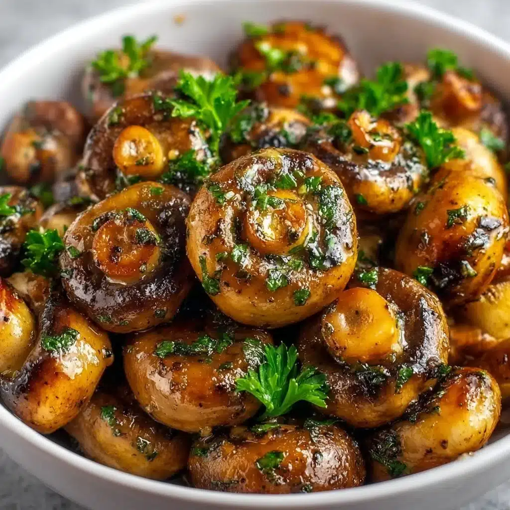 Sautéed garlic butter mushrooms in a skillet, garnished with fresh herbs.