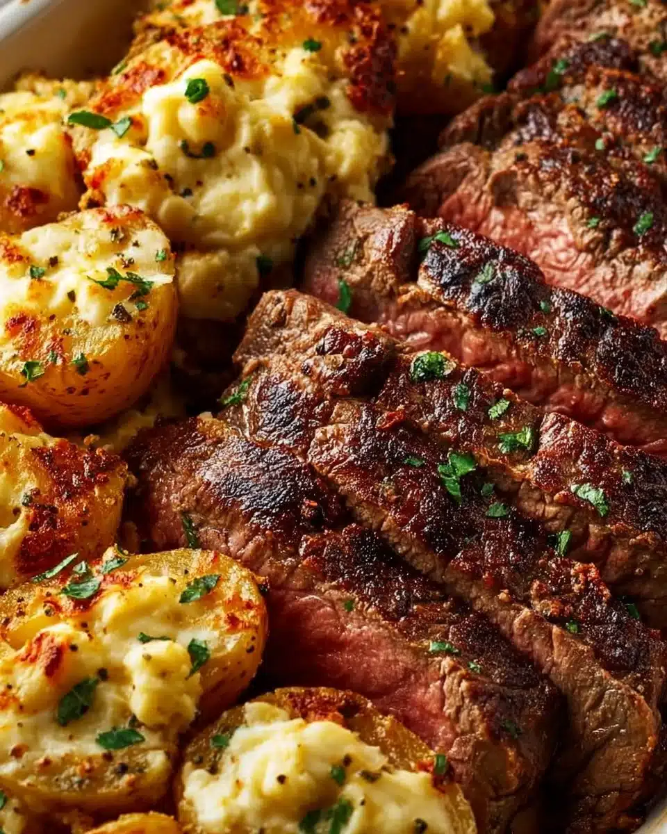 Juicy Garlic Butter Steak served with Cheddar Potato Bake