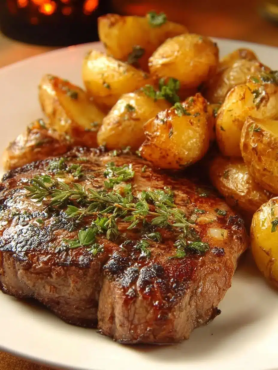 Delicious Garlic Herb Steak served with cheesy roasted baby potatoes