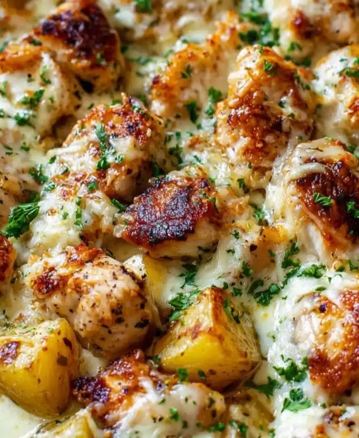 Plate of Garlic Parmesan Chicken and Potatoes garnished with herbs