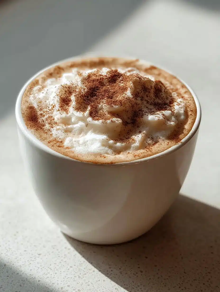 A frothy cup of Gingerbread Latte topped with whipped cream and spices.