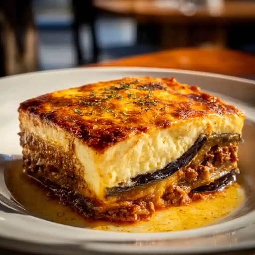 Delicious Greek Moussaka with layers of eggplant and creamy béchamel sauce