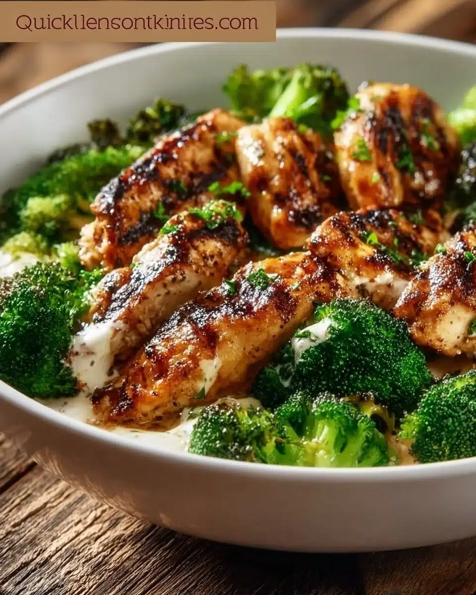 Grilled chicken and broccoli bowls with creamy garlic sauce served in a healthy dish.