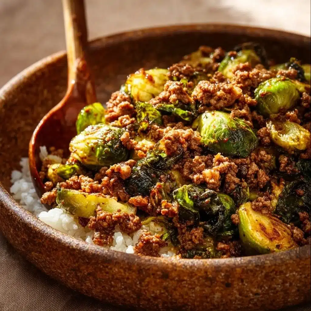 Ground beef stir-fried with Brussels sprouts for a nutritious dinner dish.
