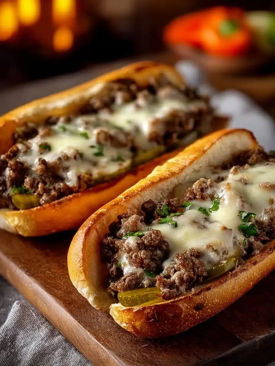 Delicious Ground Beef Philly Cheesesteaks served on a toasted bun with cheese and toppings.