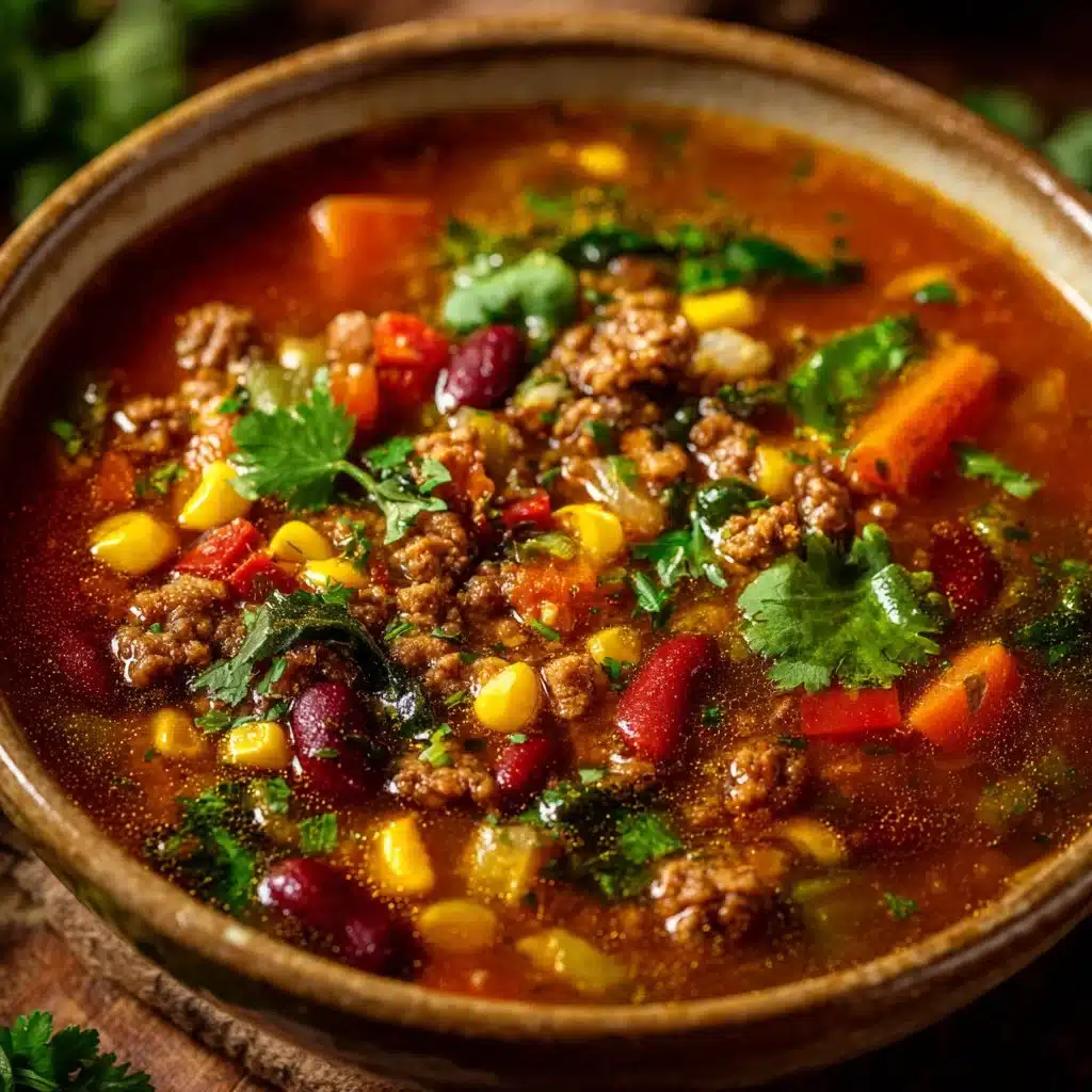 Bowl of hearty spicy cowboy soup with vegetables and spices
