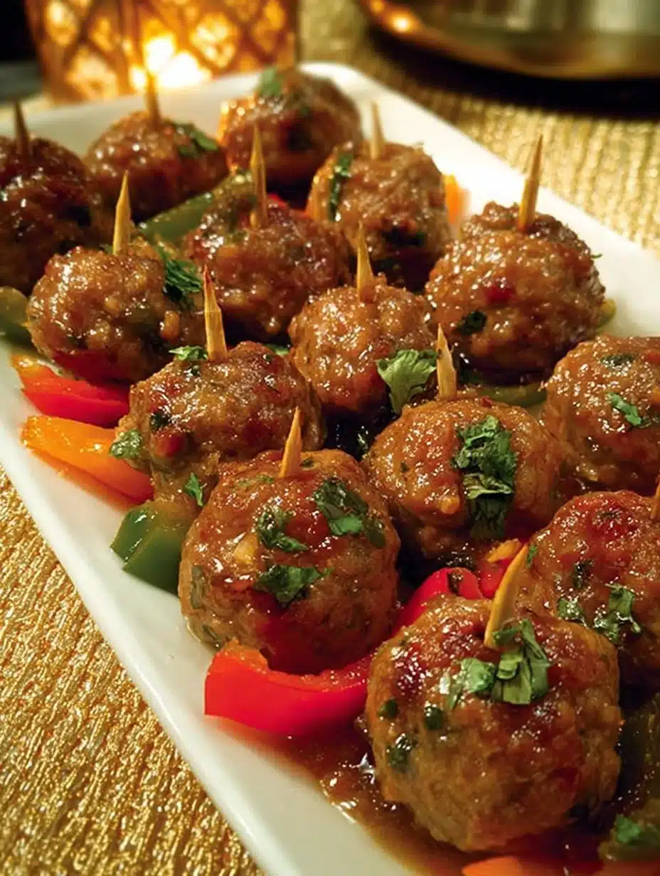 Delicious herbed meatball skewers with peppers and onions ready to serve.