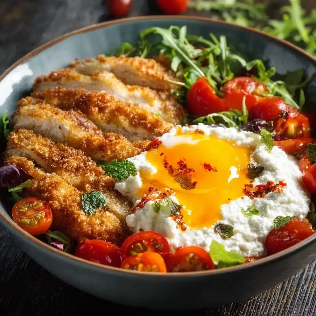 High protein chicken parmesan bowl topped with cheese and herbs.