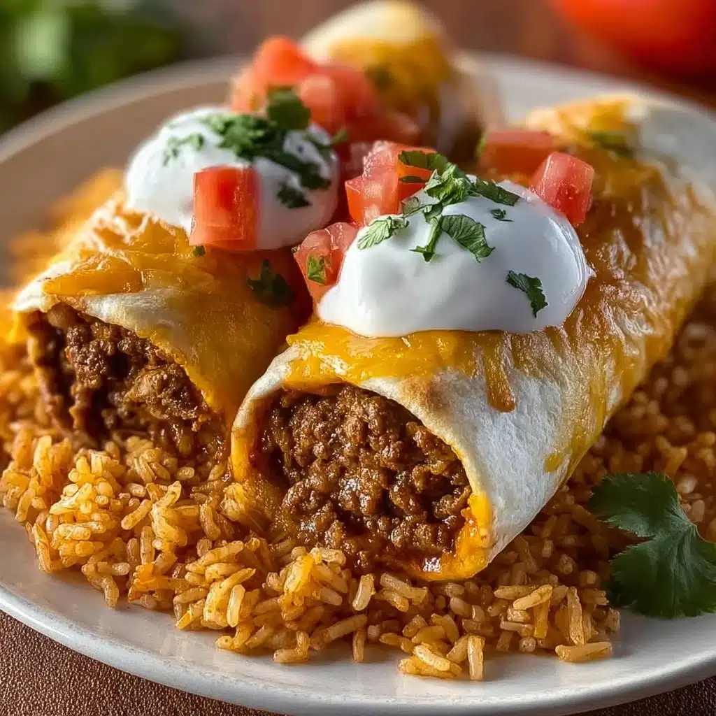 Delicious homemade beefy melt burritos filled with melted cheese and seasoned beef