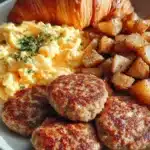 Plate of homemade sausage patties with scrambled eggs, breakfast potatoes, and croissant.
