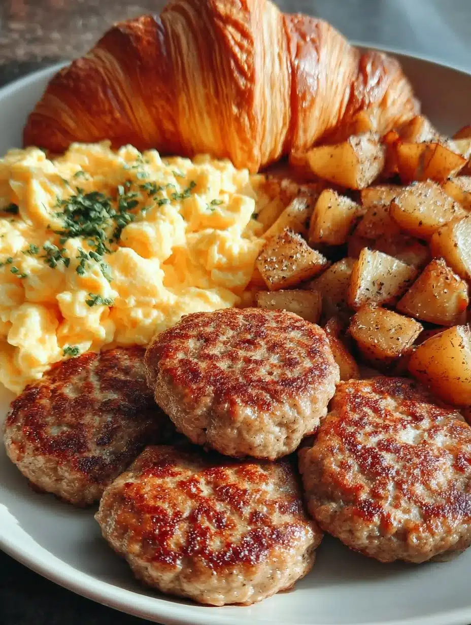 Plate of homemade sausage patties with scrambled eggs, breakfast potatoes, and croissant.
