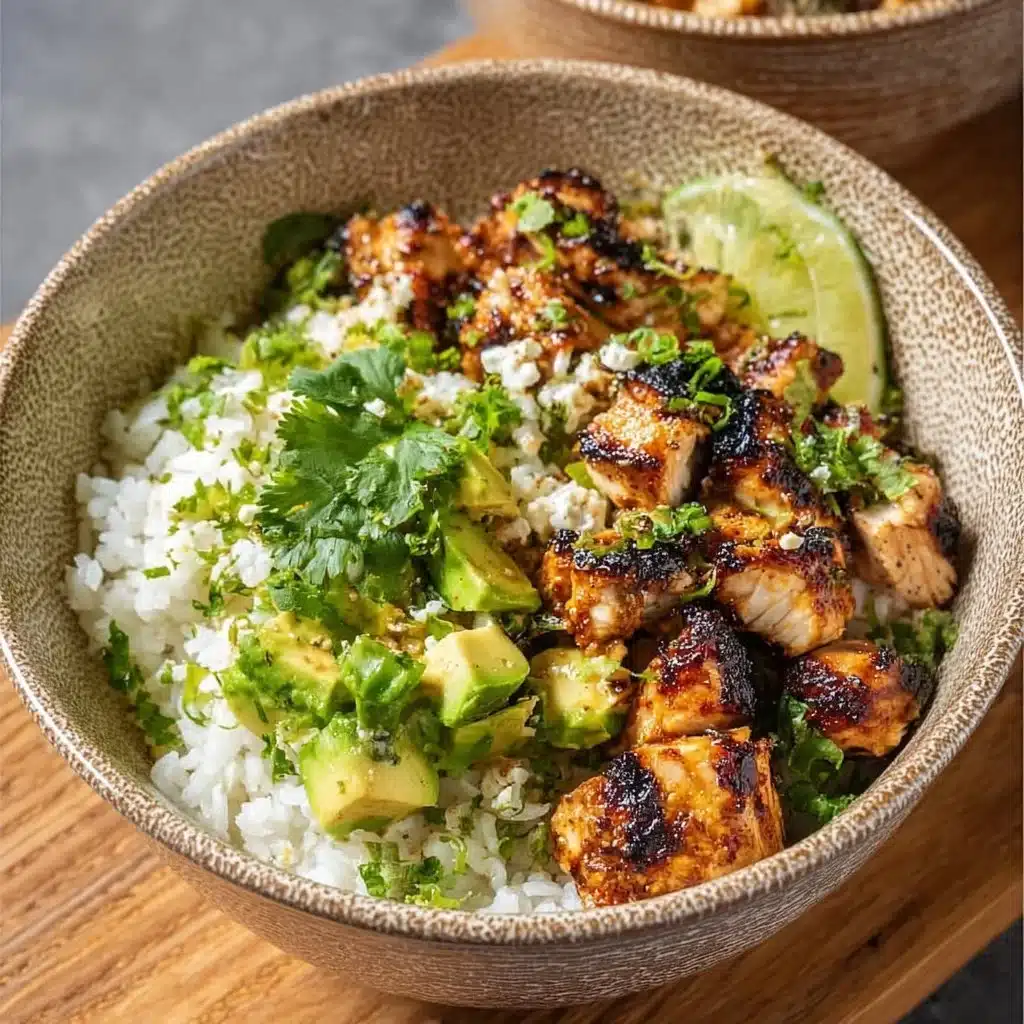 Honey Chipotle Chicken Rice Bowl topped with fresh ingredients