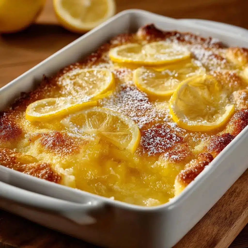 Slice of irresistible magic lemon cobbler dessert on a plate