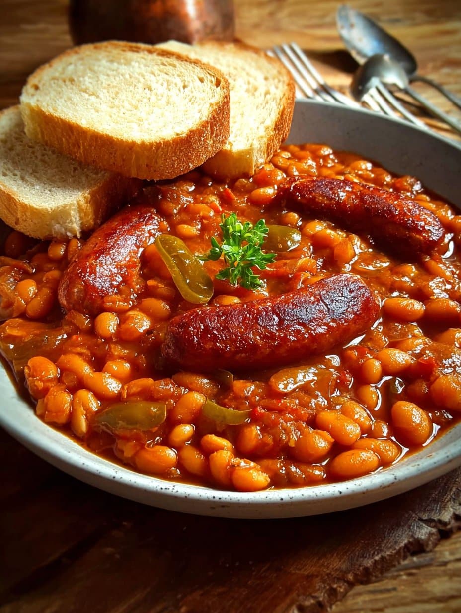 Smoky Sausage Baked Beans with Bread Slices