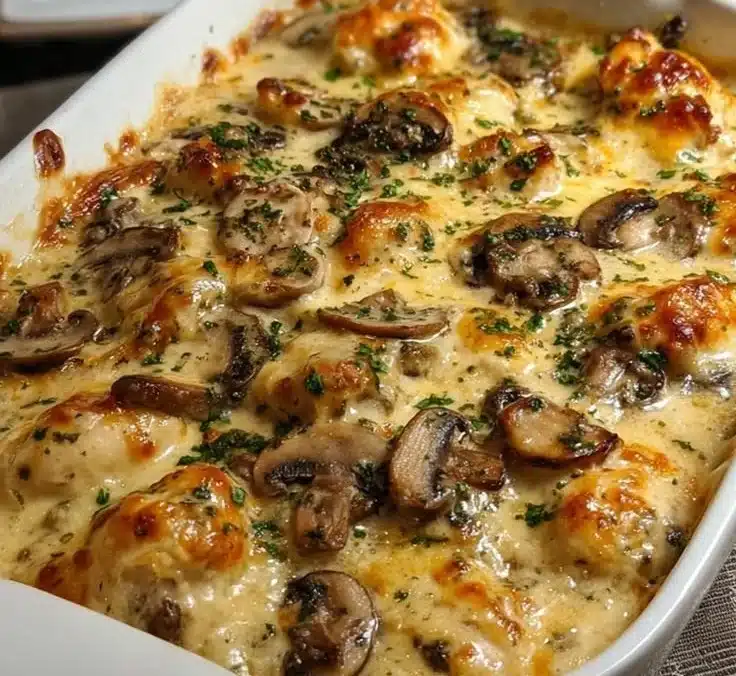Delicious Keto Garlic Mushroom Chicken Casserole served in a baking dish