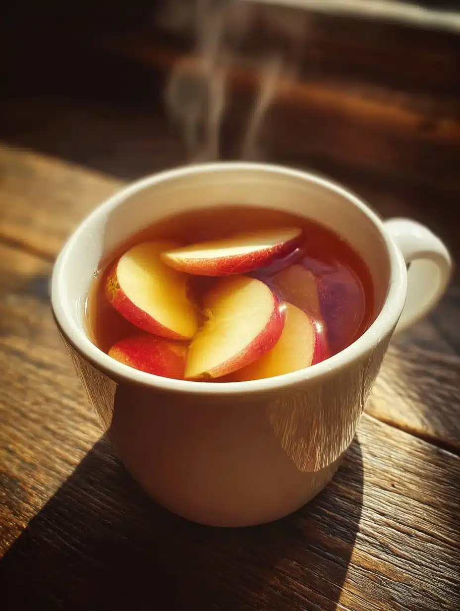 A cup of Korean Apple Tea with apple slices and spices, showcasing a refreshing drink.