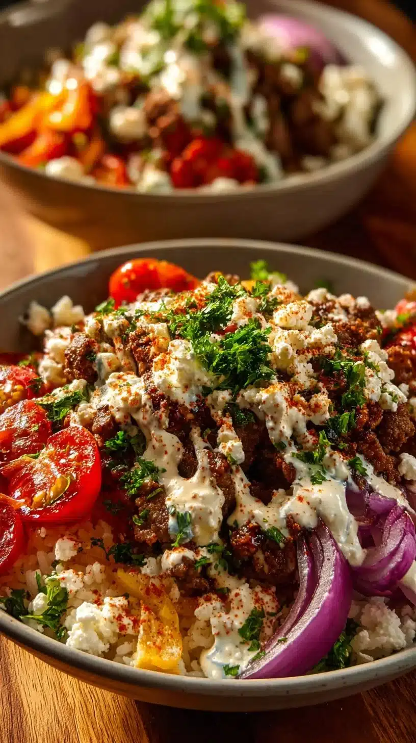 Lamb Gyro Bowl with creamy cucumber sauce and fresh toppings