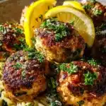 Lemony chicken ricotta meatballs over garlic spinach orzo delight