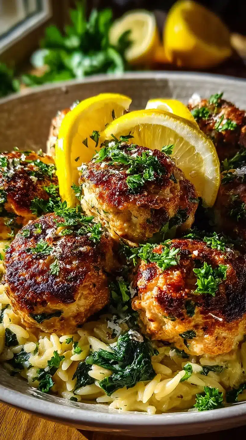 Lemony chicken ricotta meatballs over garlic spinach orzo delight