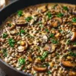 Bowl of delicious lentil mushroom stroganoff with herbs