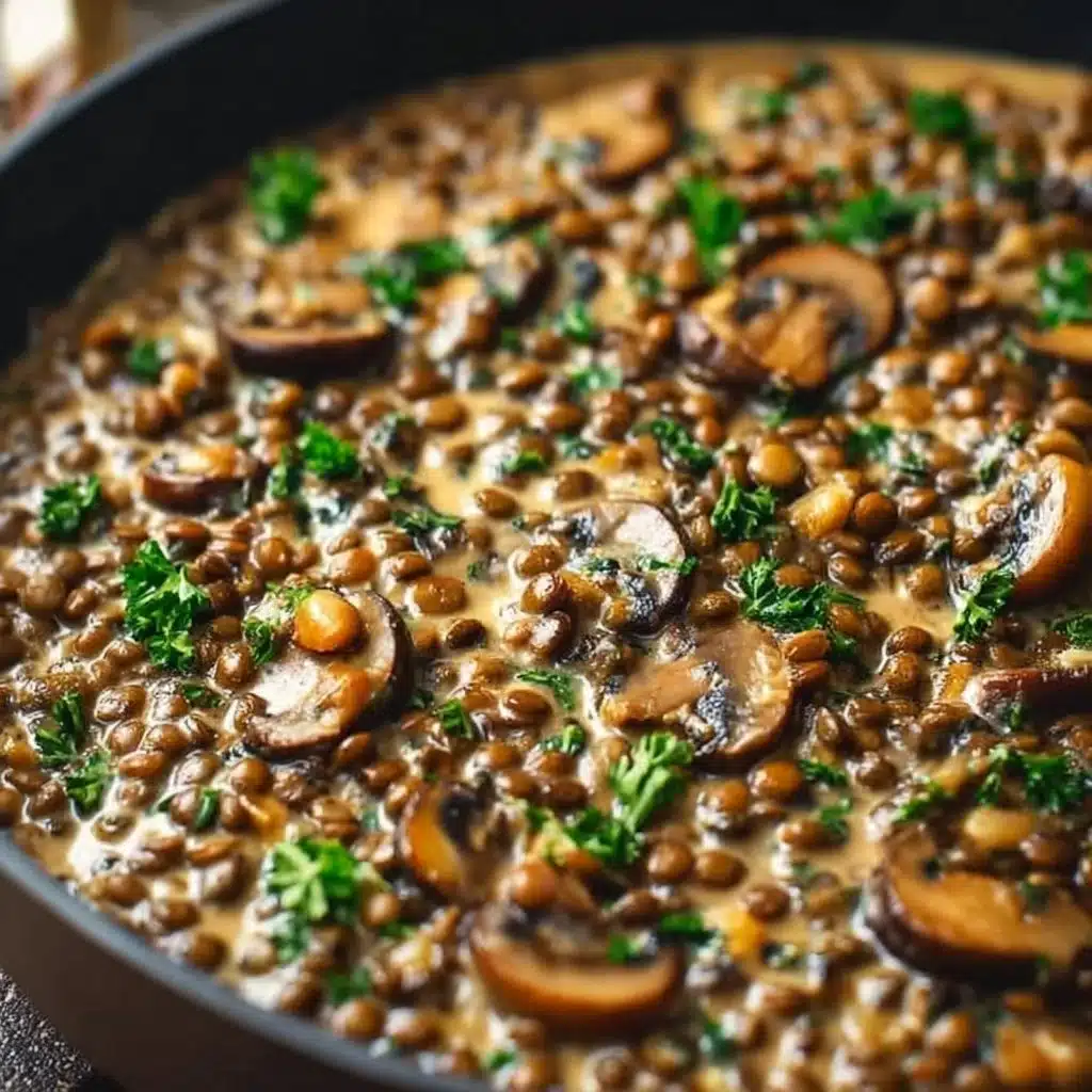 Bowl of delicious lentil mushroom stroganoff with herbs