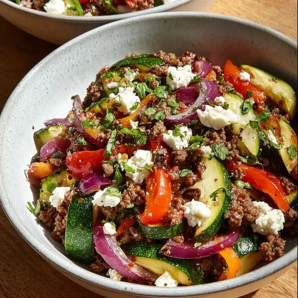 Mediterranean ground beef stir-fry with colorful vegetables and spices