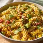 Bowl of Mexican Street Corn Pasta Salad with colorful vegetables and dressing
